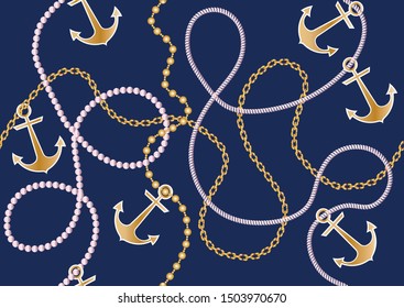 Seamless decorative pattern of golden anchor motif with chains on blue background.EPS10 Illustration