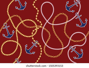 Seamless decorative pattern of golden anchor motif with chains on red  background.EPS10 Illustration
