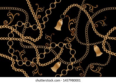 Seamless decorative pattern of golden baroque motif with chains on black  background.EPS10 Illustration