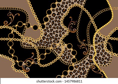 Seamless decorative pattern of golden baroque motif with chains on black,leopard background.EPS10 Illustration