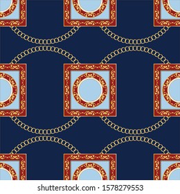 Seamless decorative pattern of golden baroque motif with chains on navy blue background.EPS10 Illustration.