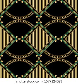 Seamless decorative pattern of golden baroque motif with chains on black background.EPS10 Illustration.