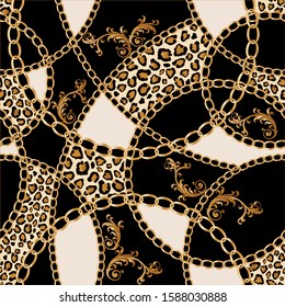 Seamless decorative pattern of golden baroque motif with chains on black background.EPS10 Illustration.