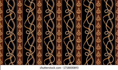 Seamless decorative pattern of golden baroque motif with chains on black background.EPS10 Illustration.