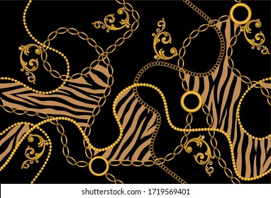 Seamless decorative pattern of golden baroque motif with chains on black background.EPS10 Illustration.