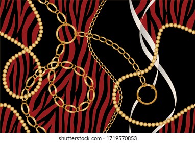 Seamless decorative pattern of golden baroque motif with chains on black background.EPS10 Illustration.