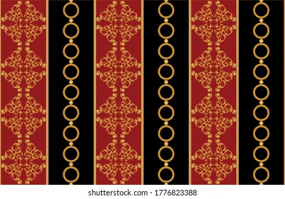 Seamless decorative pattern of golden baroque motif with chains on black  background.EPS10 Illustration.