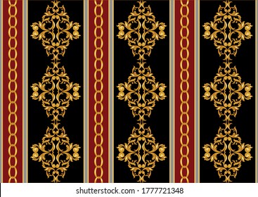 Seamless decorative pattern of golden baroque motif with chains on black  background.EPS10 Illustration.