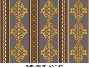 Seamless decorative pattern of golden baroque motif with chains on brown  background.EPS10 Illustration.