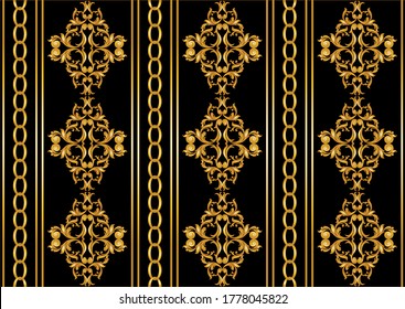 Seamless decorative pattern of golden baroque motif with chains on black  background.EPS10 Illustration.