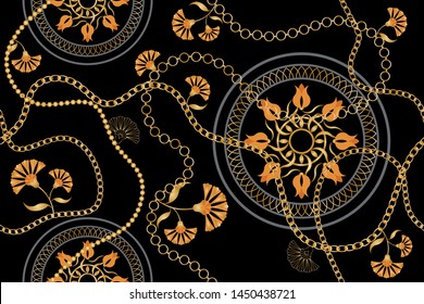 Seamless decorative pattern of golden and flower motif with chains on black  background.EPS10 Illustration