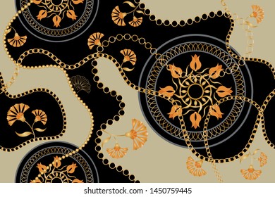 Seamless decorative pattern of golden and flower motif with chains on black  background.EPS10 Illustration