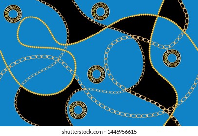 Seamless decorative pattern of golden motif with chains on black-turquoise  background.EPS10 Illustration