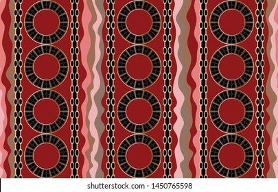 Seamless decorative pattern of golden motif with chains on red  background.EPS10 Illustration