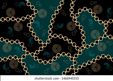 Seamless decorative pattern of golden motif with chains on black and green  background.EPS10 Illustration