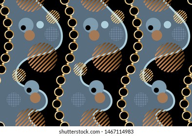Seamless decorative pattern of golden  motif with chains on black and grey background.EPS10 Illustration