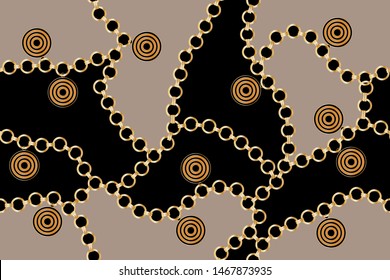 Seamless decorative pattern of golden motif with chains on black,beige background.EPS10 Illustration
