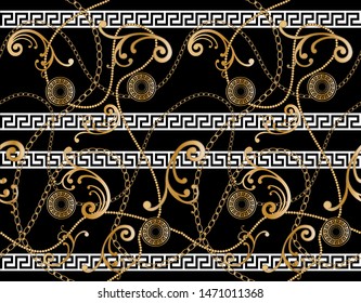 Seamless decorative pattern of golden motif with chains on black  background.EPS10 Illustration