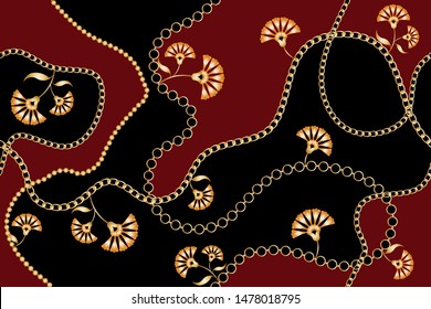 Seamless decorative pattern of golden motif with chains on black and red background.EPS10 Illustration