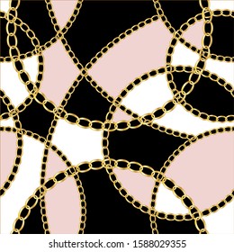Seamless decorative pattern of golden motif with chains on black background.EPS10 Illustration.