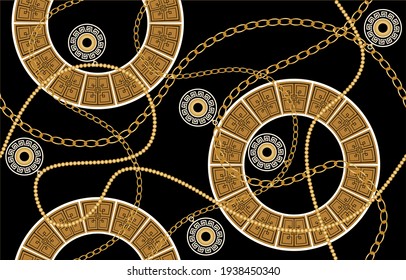 Seamless decorative pattern of greek motif with chains on a black background.EPS10 Illustration.