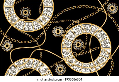 Seamless decorative pattern of greek motif with chains on a black background.EPS10 Illustration.