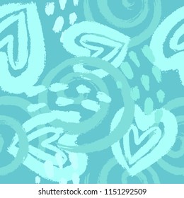 Seamless decorative pattern with hand drawn brush strokes hearts and circles.Abstract paint turquoise background for invitations, greeting cards, quotes, blogs, posters, prints, Valentine day. Vector 