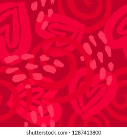 Seamless decorative pattern with hand drawn brush strokes hearts and circles.Abstract paint red background for invitations, greeting cards, quotes, blogs, posters, prints, Valentine day. Vector	