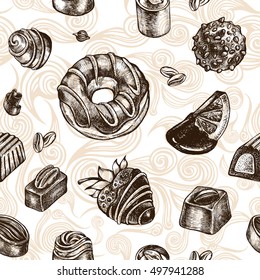 Seamless decorative pattern with hand drawn elements - assorted chocolate candies, fondue, chocolate donut. Vector illustration.
