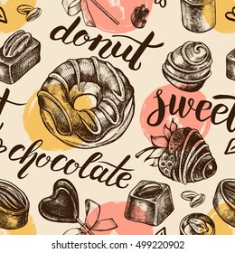 Seamless decorative pattern with hand drawn elements - assorted chocolate candies, fondue, chocolate donut and lettering. Vector illustration.