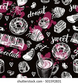Seamless decorative pattern with hand drawn elements - assorted chocolate candies, fondue, chocolate donut and lettering. Vector illustration.