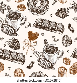 Seamless decorative pattern with hand drawn elements - assorted chocolate candies, fondue, chocolate donut, cocoa bean and lettering. Vector illustration.