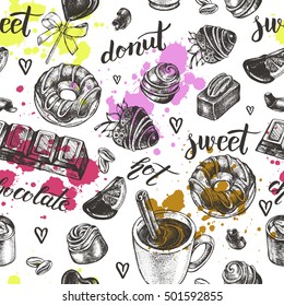 Seamless decorative pattern with hand drawn elements - assorted chocolate candies, fondue, chocolate donut and lettering. Vector illustration.