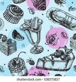 Seamless decorative pattern with hand drawn elements - assorted desserts, cakes and berries. Vector illustration.
