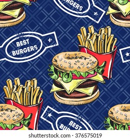 Seamless decorative pattern with hand-drawn fast food - french fries and cheeseburger.