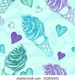 Seamless decorative pattern with hand-drawn ice cream and hearts