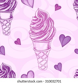 Seamless decorative pattern with hand-drawn ice cream and hearts