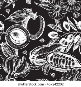 Seamless decorative pattern with herbs, fruits and flowers. Template for design of organic cosmetics. Hand-drawn vector illustration.