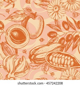 Seamless decorative pattern with herbs, fruits and flowers. Template for design of organic cosmetics. Hand-drawn vector illustration.