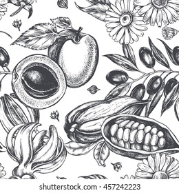 Seamless decorative pattern with herbs, fruits and flowers. Template for design of organic cosmetics. Hand-drawn vector illustration.