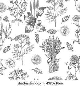 Seamless decorative pattern with herbs. Vector illustration.