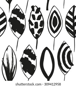 Seamless decorative pattern with ink drawn leaves. Texture in scandinavian style. Grunge background