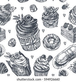 Seamless decorative pattern with ink hand drawn elements - desserts, sweets, cupcakes. Vector illustration.