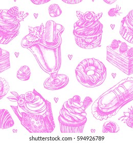 Seamless decorative pattern with ink hand drawn elements - desserts, sweets, cupcakes. Vector illustration.