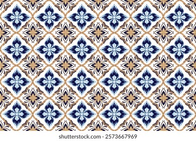 Seamless decorative pattern inspired by traditional tile designs, featuring intricate blue floral motifs combined with gold accents. The symmetrical arrangement and elegant details create a sophistic