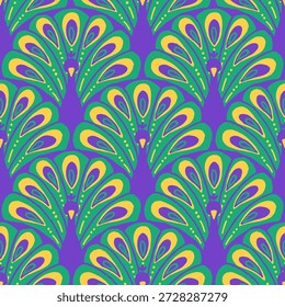 Un patrón decorativo sin fisuras inspirado en las plumas de pavo real utilizando los colores tradicionales de Mardi Gras de verde, púrpura y oro, adecuado para fondos festivos, telas y diseños de celebración.