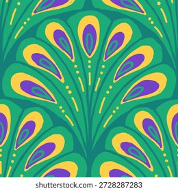 Um padrão decorativo perfeito inspirado em penas de pavão usando cores tradicionais do Mardi Gras de verde, roxo e ouro, adequado para fundos festivos, tecido e designs de celebração.