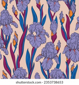 Seamless decorative pattern with iris flowers. Spring floral print, decorative botanical background with hand drawn plants. Vector illustration.