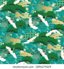 Seamless decorative pattern with japanese cranes