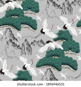 Seamless decorative pattern with japanese cranes